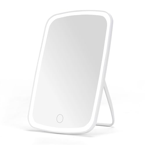 ZBEIVAN 9.3x6.6 Inches Lighted Makeup Mirror, Rechargeable Make Up Mirror with Light, Portable LED Vanity Mirror with Dimmable Touch Screen for Travel, Desk, Table, Room Decor, White -