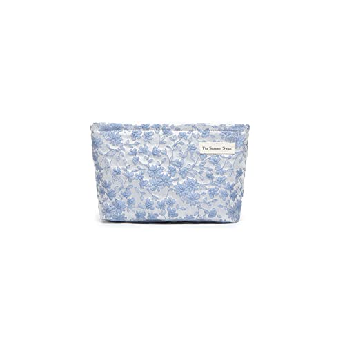 The Summer Swan | Floral Cosmetic Bag｜Large Aesthetic Makeup Bag Travel Personal Item Preppy Pouch Skincare (Embroidery Blue) -
