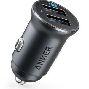 Anker 320 Car Charger (24W II), Mini Aluminum Alloy Dual USB with Blue LED for iPhone15 14 13 12 Series, iPad Pro/Air 2/Mini, Galaxy and More - Not Compatible with Quick Charge -