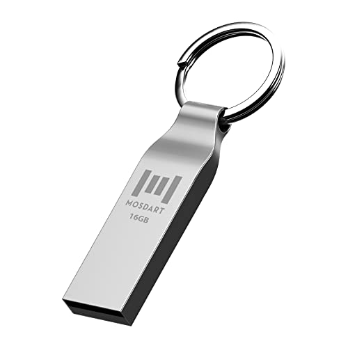 MOSDART Waterproof 16GB USB2.0 Flash Drive, FAT32 Metal Memory Stick with Keychain, for System Back, Data Storage, Silver - Demo Store