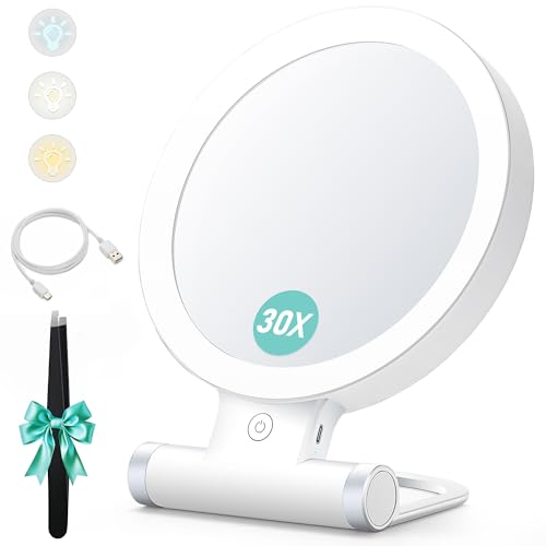 B Beauty Planet Magnifying Mirror with Light 30X/1X,Double Sided Tabletop Mirror with Adjustable Folding Handle,Cosmetic Mirror for Makeup/Travel, Tweezing, and Blackhead/Blemish Removal -