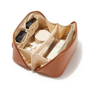 EACHY Travel Makeup Bag,Large Capacity Cosmetic Bags for Women,Waterproof Portable Pouch Open Flat Toiletry Bag Make up Bag with Divider and Handle, Gifts for Women (Brown, Medium) -