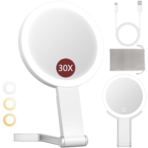 Travel Makeup Mirror with Light, Double Sided 30X Magnifying Mirror with Light, Rechargeable Portable Lighted Beauty Mirror, 3 Color Lighting Dimmable Touch Screen,Hand Mirror Hanging Tabletop -