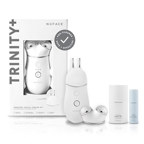 NuFACE TRINITY+ Microcurrent Facial Device + Effective Lip & Eye Attachment - FDA Cleared Skin Tightening & Face Toning Device for Targeted Treatment + Microcurrent Gel Activator, Silk Crème & Brush -