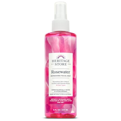 HERITAGE STORE Rosewater - Refreshing Facial Mist for Glowing Skin with Damask Rose, All Skin Types - Rose Water Spray for Face, Made Without Dyes or Alcohol, Hypoallergenic, Vegan, Cruelty Free, 8oz -