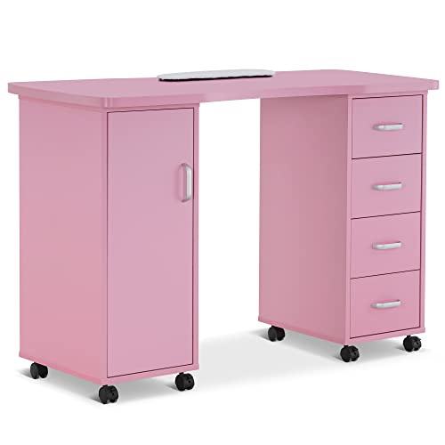 BarberPub Manicure Table, Acetone Resistant Nail Desk, Nail Table with 4 Drawers, 2 Cabinet, Lockable Wheels, Wrist Pad, Nail Desk for Nail Tech, Beauty Salon Pink 0611 -