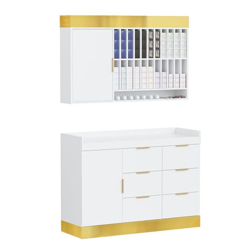 Salon Staion Barber Color Bar, Hair Color Organizer Rack, Salon Hair Color Cabinet with Drawers & Adjustable Shelves, Wall Mounted Tube Storage Station for Salon Display, White -