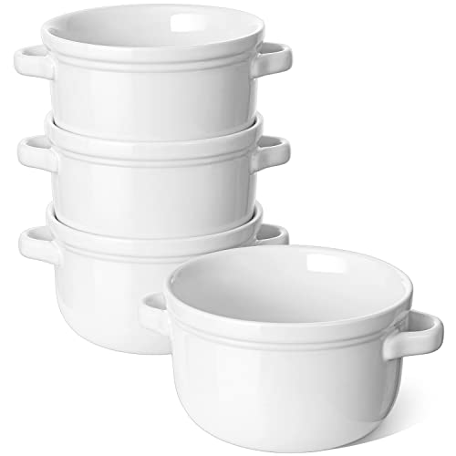 LE TAUCI Soup Bowls With Handles 28 oz, French Onion Soup Bowl for Chili, Beef Stew, Cereal, Ceramic Soup Crocks oven Safe, Microwave Dishwasher Safe - 5.5 inch, Set of 4, White -
