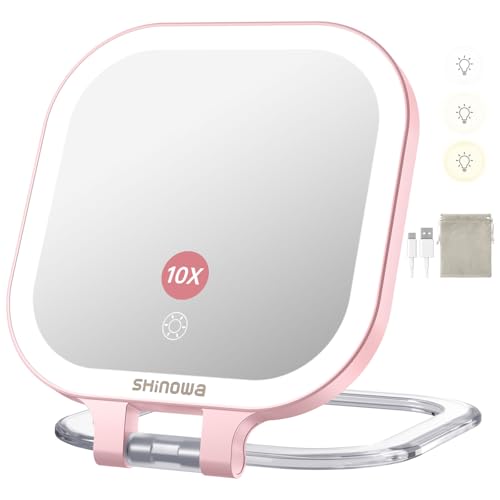 Shinowa Rechargeable Travel Makeup Mirror with 72 LED Lights, 1X/10X Magnifying Vanity Mirror with 3 Color Light, Folding Stand, 7 Inch Portable Dimmable Double Sided Compact Lighted Mirror, Pink -