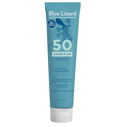 BLUE LIZARD Sensitive Mineral Sunscreen with Zinc Oxide 50+ Water Resistant UVAUVB Protection with Smart Cap Technology Fragrance Free, Sensitve, SPF 50 - Tube, Unscented, 5 Fl Oz -