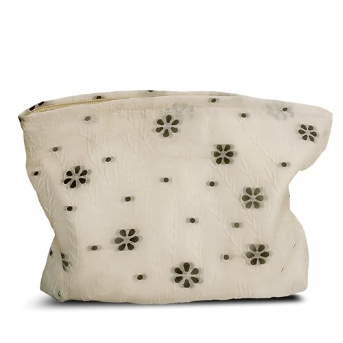 HAPPYHEIDI Aesthetic Silk-Polyester Floral Makeup Bag Cosmetic Travel Pouch, Make Up Accessory Purse Organizer, Canvas Lined, Cute Flowers, Creamy Beige -