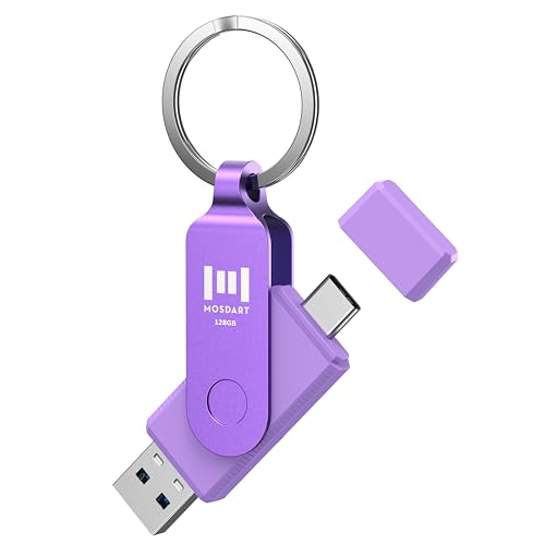 MOSDART 128GB Dual USB C Flash Drive, Speed Up to 150MB/S Type C 3.1 Thumb Drive with Keychain and LED Indicator, exFAT Memory Stick for iPhone 15 and 16, iPad, Android Phone, Tablet, Laptop, Purple - Demo Store