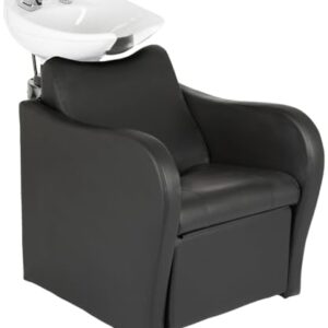 Buy-Rite Lexus Backwash Unit - Salon Shampoo Chair & Tilting Porcelain Shampoo Bowl, European Style Single Handle Faucet, Extra Wide Seat and Kick-Out Leg Rest, TS-8018B (Black Chair with White Bowl) -