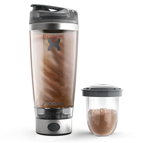 Promixx Pro Shaker Bottle | Rechargeable, Powerful for Smooth Protein Shakes | includes Supplement Storage - BPA Free | 20oz Cup (Silver White/Gray) -