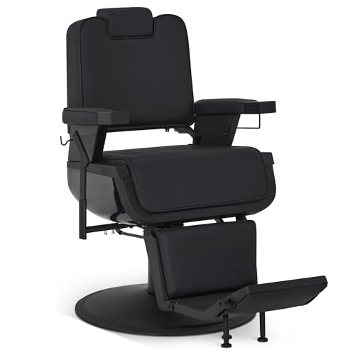 BarberPub Heavy Duty Vintage Barber Chair, Hydraulic Reclining Salon Chairs, Shampoo Beauty Spa Styling Equipment 3819 (All Black) -