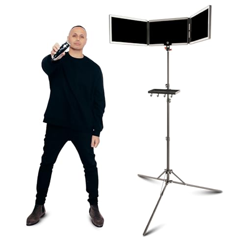 Self-Cut System Angel Lights Tripod 3-Way Mirror – Height Adjustable Trifold Barber Mirror to Cut Your Own Hair – Includes Attachable Clipper & Trimmer Tray -