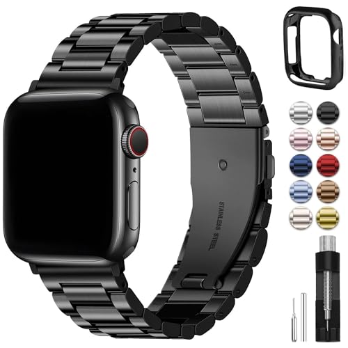 Fullmosa Compatible Apple Watch Bands 45mm 44mm 42mm 46mm 49mm 41mm 40mm 38mm, Metal iWatch Band with Case for Apple Watch Series 9 8 7 6 5 4 3 2 1 SE 10 Ultra, 42mm 44mm 45mm Black -