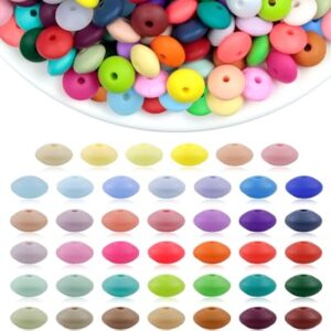 FIVEIZERO 240PC Silicone Lentil Beads - 12mm 48 Colors Abacus Spacer Beads for Keychain Bracelet Jewelry Making, DIY Crafts & Pen Charms