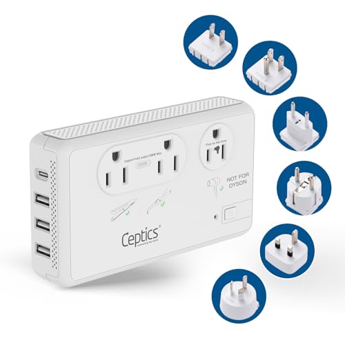 Ceptics 2000W Travel Voltage Converter for Hair Dryer & 200W Convert 220V to 110V for Curling Iron, Straightener, Chargers, Step Down World Power 4 USB Charging QC 3.0 SWadApt Type A, B, C, E/F, G, I -