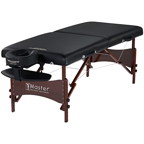 Master Massage Newport Portable Massage Table Package with Denser 2.5" Cushion, Walnut Stained Hardwood, Steel Support Cables, Pillows & Accessories, Black, 30" -