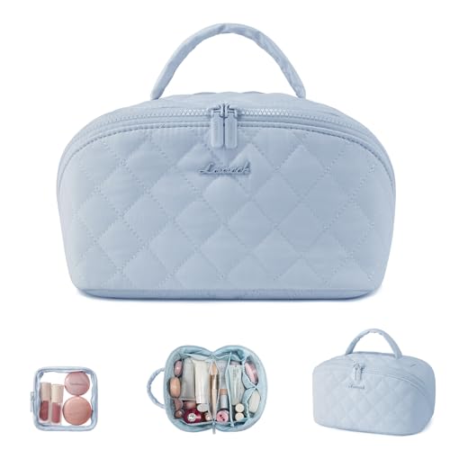 LOVEVOOK Travel Makeup Bag for Women, 2Pcs Set Puffer Waterproof Cosmetic Organizer, Large Capacity Pouch Open Flat Toiletry Bag with Divider & Handle, Portable Gift for Her, Blue -