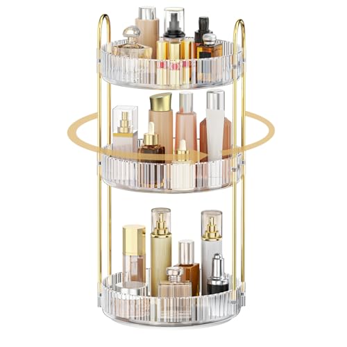 MOKANI 360 Rotating Makeup Organizer for Vanity, 3 Tier Adjustable Perfume Organizer for Dresser, Multi-Function Spinning Cosmetics Skincare Storage for Bedroom, Dresser, Countertop, Clear -