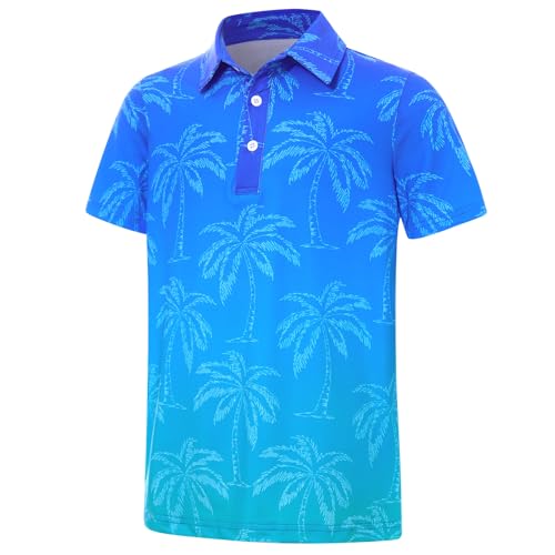 Cuddomper Boys Polo Shirts Hawaiian Golf Clothes Fashion Blue Gradient Short Sleeve Size 11 12 Kids Palm Cool School Uniform -
