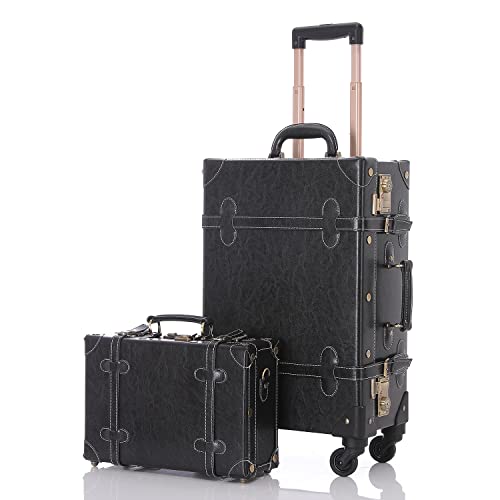 UNIWALKER Vintage Luggage Set, 2 Piece Retro Suitcase with Spinner Wheels TSA Lock and Carry On Train Case for Women Men(20in+12in, Black) -