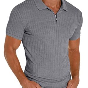 Askdeer Men's Polo Shirts Slim Fit Short Sleeve Zipper Polo T Shirt Muscle Golf Shirt Casual Classic Tee Dark Gray -
