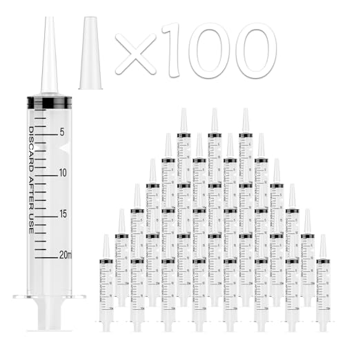 JOLLY PARTY 100 Pack 20mL Syringes, Plastic Syringes with Catheter Tip and Cap, Individually Sealed Feeding Syringe For Dogs, Measuring Syringe For Liquid, Scientific Labs, Refilling, Dispensing -