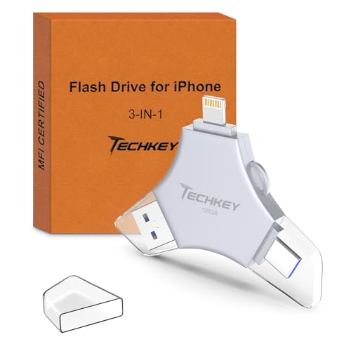 MFi Certified USB 3.0 Flash Drive 128GB for iPhone, 3in1 External Memory Photo Keeper Storage Stick for Picture/Video/Data Saver/Backup, High Speed Thumb/Jump/Hard Drives for iPhone/iPad/Android/PC - Demo Store