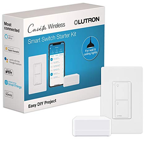 Lutron Caseta Orginal Smart Switch Kit w/ Wall Plate and Smart Hub, Works w/ Alexa, Apple Home, Google Home, Single-Pole/3 Way, 5 Amp, Neutral Required, P-BDG-PKG1WS -