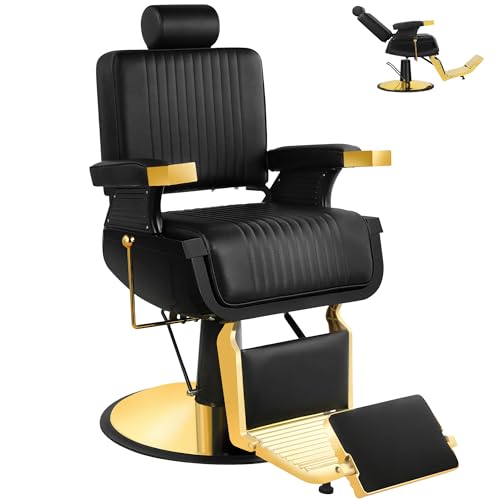 Hicomony Black Gold Barber Chairs for Barbershop,Professional Hydraulic Salon Chair for Hair Stylist,Heavy Duty Vintage Reclining All Purpose Beauty Tattoo Armchair -