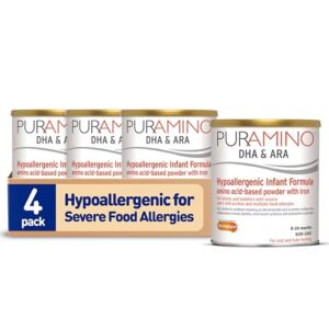 PurAmino Hypoallergenic Infant Drink, for Severe Food Allergies, Omega-3 DHA, Iron, Immune Support, Powder Can, 14.1 Oz (4 Count) -