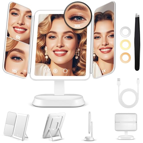 GOMIPURU Lighted Makeup Mirror with 30X/10X/5X Magnification, Detachable Design for Travel, Rechargeable Trifold Mirror with 3 Color& Adjustable Brightness, Portable Makeup Mirror with Lights for Desk -