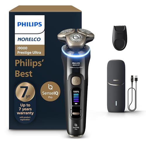 Philips Norelco Shaver i9000 Prestige Ultra, Wet & Dry Electric Shaver, Ink Black, SenseIQ Pro Technology, Triple Lift & Cut System, 360 Rotating NanoTech Precision Blades, 5 Shaving Modes, XP9400/89 -