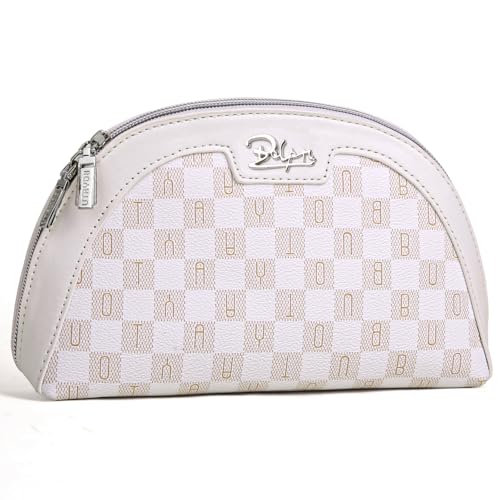 Small Makeup Bag for Purse Cosmetic Bag: Checkered Make up Bag for Women - Cute Preppy Skincare Bags for Evening - Waterproof Travel Pouch for Toiletry Organizer with Mirror & Zipper(024-White) -