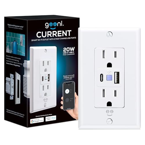 Geeni Current Smart Wi-Fi Outlet with 2 Fast Charge USB Ports (20W USB-C PD & Quick Charge USB-A), Voice Control, No Hub Required, Compatible with Alexa & Google Home -