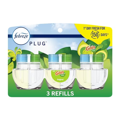 Febreze Plug In Air Freshener, Odor-Fighting Scented Oil Refill, Air Fresheners for Home and Bathroom and Kitchen, Long Lasting for Strong Odors, Gain Original Scent, 0.87oz Refills, 3 Count -