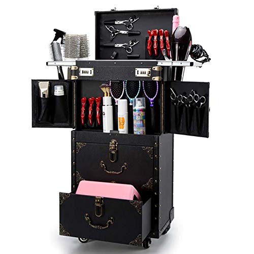 ASCASE Rolling Lockable Makeup Train Case Hairdressing Trolley Stylist Beauty Salon Cosmetic Luggage Travel Organizer Tool Box with Hair Dryer Holder -