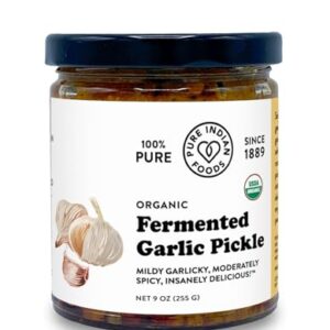 Pure Indian Foods, Fermented Garlic Pickle, (Achaar) Reslish/Spread/Condiment, Certified Organic - 9 oz -