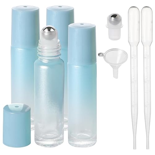 SESENSE Essential Oil Roller Bottles, 10ml Thick Glass Perfume Roller Bottles with Funnel Opener and Dropper Colored Glass Empty Bottles with Stainless Steel Roller Balls (Blue, 4 Pack) -