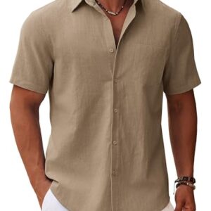 COOFANDY Mens Short Sleeve Button Down Shirts Casual Cotton Shirt Vacation Beach Tops Dark Khaki -