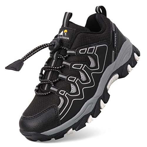 UOVO Kids Hiking Shoes Boys Waterproof Running Trail Fashion Sneakers Breathable Lightweight Outdoor Walking Athletic Black Silver 6.5 -