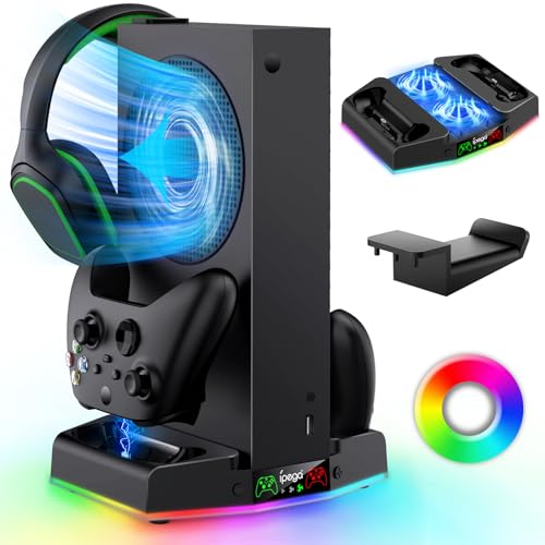 MENEEA Upgraded Cooling Fan Stand for Xbox Series S with Charger Station, Controller Charging Dock & Console Cooler System with 15 Colorful RGB Light & Headset Hook, Accessories for Xbox Series S -
