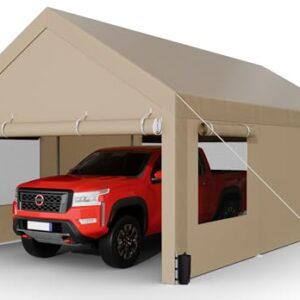 Shintenchi Carport 12' x 20' Heavy Duty Portable Garage, Car Port Canopy with Side-Opening Removable Door & Roll-Up Windows, Car Canopy for Truck,Car,Boat,Motorcycle,Khaki -