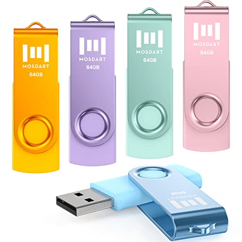 MOSDART 64GB USB2.0 Flash Drive, with Keychain Loop, Swivel Design with LED Light, exFAT Memory Stick for Computers, System Backup, Data Storage, Pastel Color(Pack of 5) - Demo Store