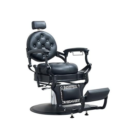 Grace&Grace Vintage Barber Chair for Barbershop,Heavy Duty Recline Salon Chair for Hair Beauty Stylist Tattoo Home (Black) -
