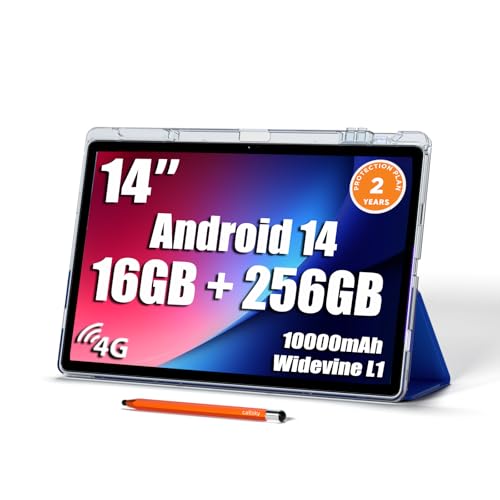 14 inch Large Screen Tablet, Android Tablet 16GB RAM 256GB ROM, 1920 * 1200 IPS FHD Display, Widevine L1, 10000mAh 18W Charging, Wi-Fi & Bluetooth, 4G LTE, with Stand Case & Stylus, 2-Year Protection – AmaSync Store