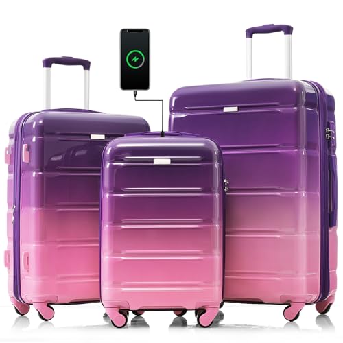 3-Piece Luggage Set with 360° Wheels, Expandable Carry-On with USB Port, Lightweight ABS+PC Hard Shell, Airline Approved Suitcases, Organized Interior & Side Hooks (Purple and Pink, 20/24/28 INCH) -
